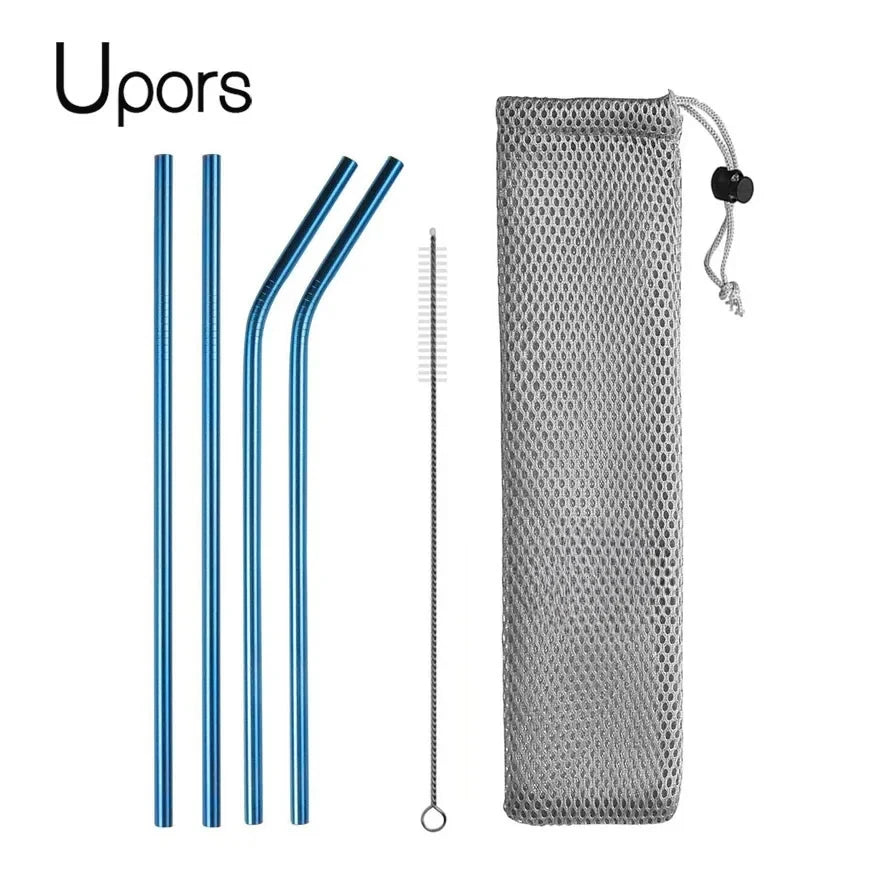 UPORS Reusable Drinking Straw 304 Stainless Steel Straws Straight Bent Metal Straw with Cleaner Brush Pouch Wholesale