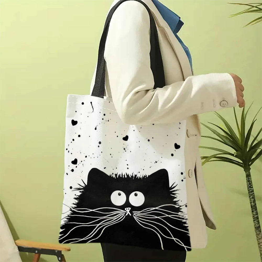 Linen Shopper Reusable Tote Cute Cats Print Grocery Storage Bag Portable Large Capacity Shoulder Bag Machine Washable Tote Bag