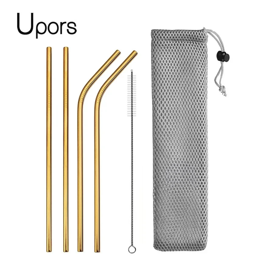 UPORS Reusable Drinking Straw 304 Stainless Steel Straws Straight Bent Metal Straw with Cleaner Brush Pouch Wholesale