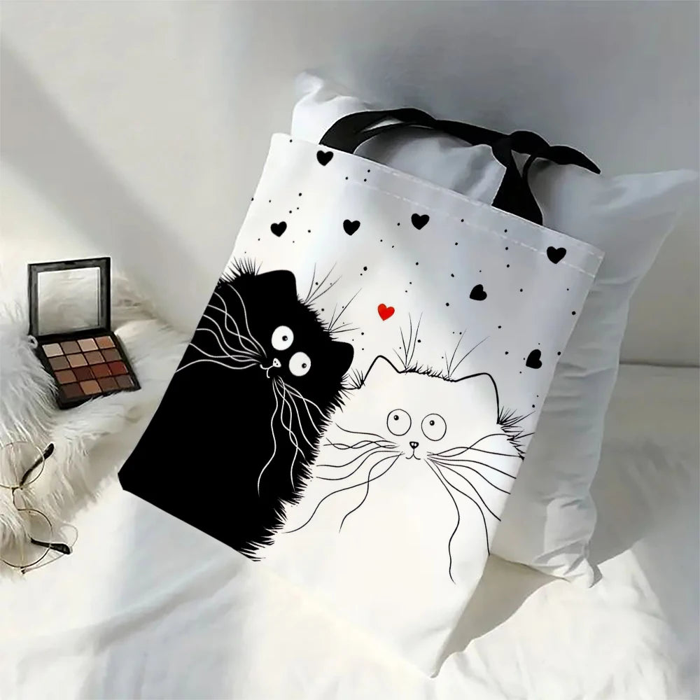 Linen Shopper Reusable Tote Cute Cats Print Grocery Storage Bag Portable Large Capacity Shoulder Bag Machine Washable Tote Bag