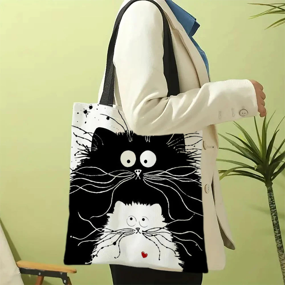 Linen Shopper Reusable Tote Cute Cats Print Grocery Storage Bag Portable Large Capacity Shoulder Bag Machine Washable Tote Bag