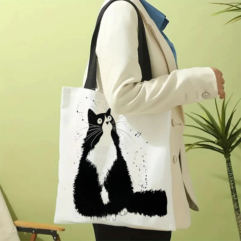 Linen Shopper Reusable Tote Cute Cats Print Grocery Storage Bag Portable Large Capacity Shoulder Bag Machine Washable Tote Bag