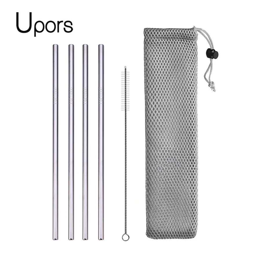 UPORS Reusable Drinking Straw 304 Stainless Steel Straws Straight Bent Metal Straw with Cleaner Brush Pouch Wholesale