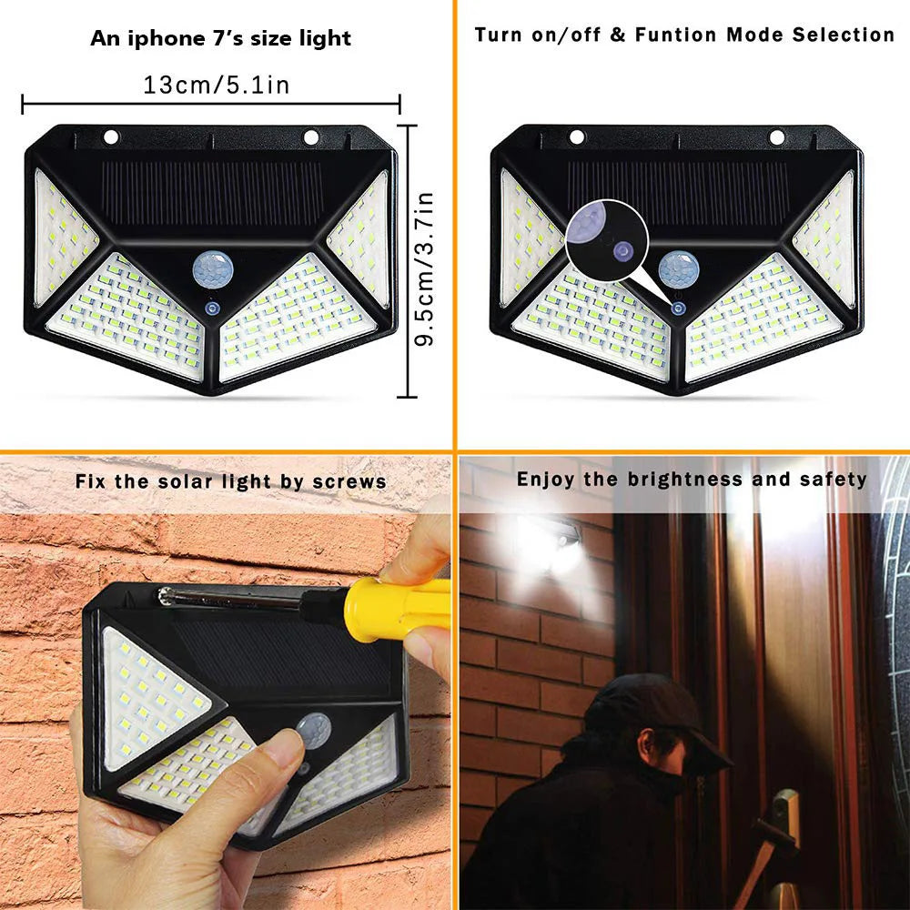 Solar Lights Outdoor Waterproof 100 LED Wall Lamp Motion Sensor Solar Powered Sunlight Street Light for Garden Porch Yard Garage