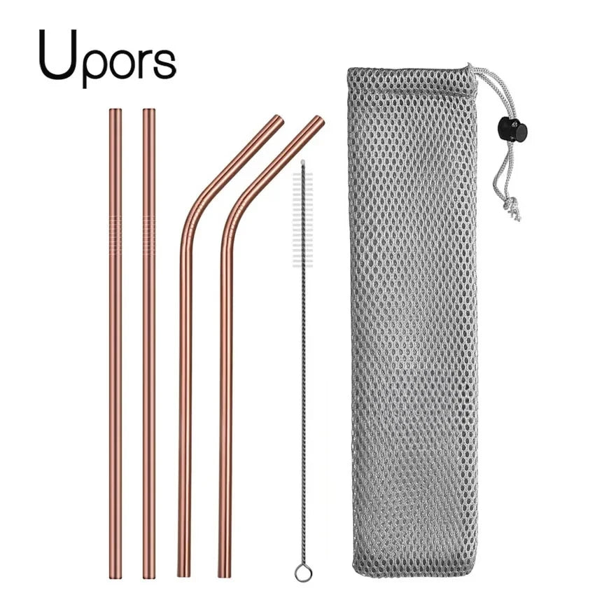 UPORS Reusable Drinking Straw 304 Stainless Steel Straws Straight Bent Metal Straw with Cleaner Brush Pouch Wholesale