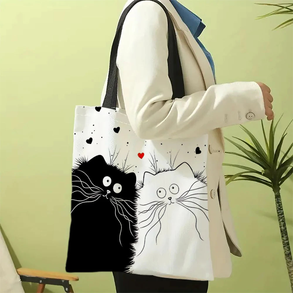 Linen Shopper Reusable Tote Cute Cats Print Grocery Storage Bag Portable Large Capacity Shoulder Bag Machine Washable Tote Bag