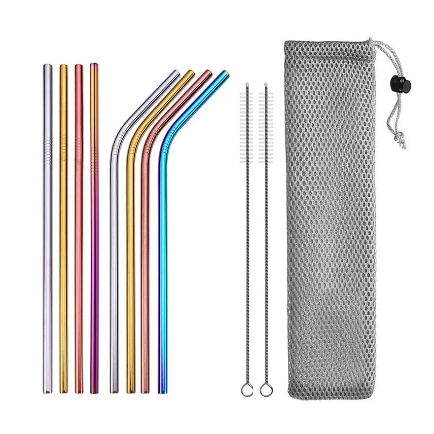 UPORS Reusable Drinking Straw 304 Stainless Steel Straws Straight Bent Metal Straw with Cleaner Brush Pouch Wholesale