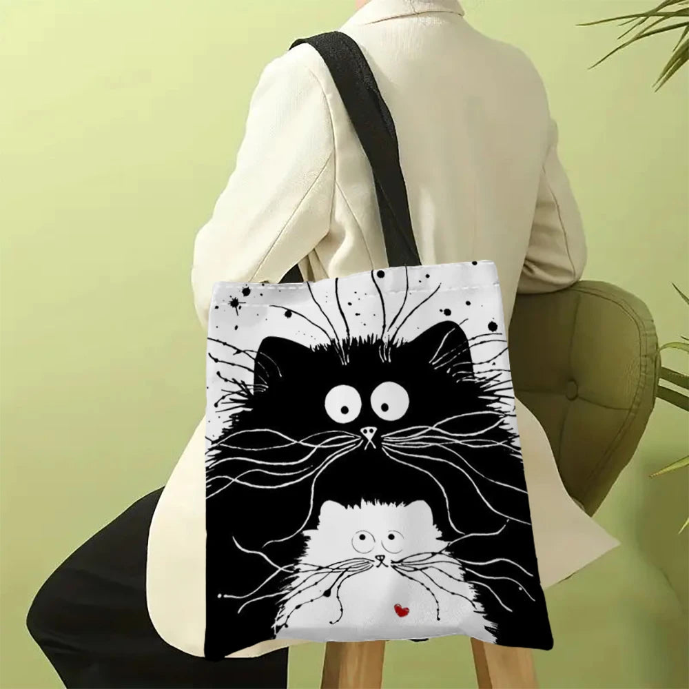 Linen Shopper Reusable Tote Cute Cats Print Grocery Storage Bag Portable Large Capacity Shoulder Bag Machine Washable Tote Bag
