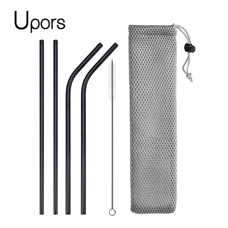 UPORS Reusable Drinking Straw 304 Stainless Steel Straws Straight Bent Metal Straw with Cleaner Brush Pouch Wholesale
