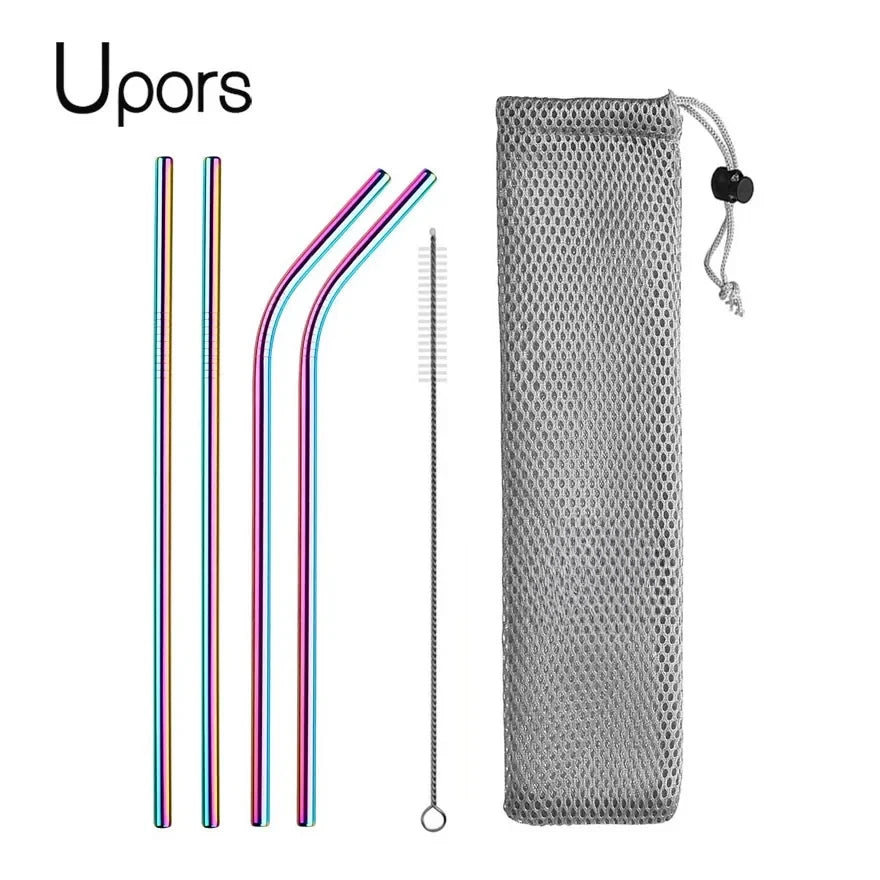 UPORS Reusable Drinking Straw 304 Stainless Steel Straws Straight Bent Metal Straw with Cleaner Brush Pouch Wholesale